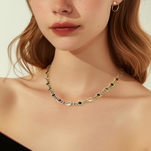 Gold Birthstone Station Necklace for Women - Delicate Simulated Diamond Necklaces Dainty Rainbow Candy Crystal Rhinestone CZ Chian Choker Gifts for Mother2