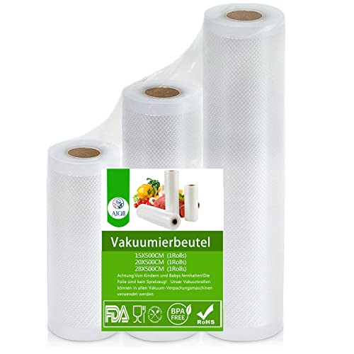 AIQII - Rollo de papel al vacío (1 rollo de 15 cm x 500 cm, 1 rollo de 20 cm x 500 cm, 1 rollo de 28 cm x 500 cm, bolsa al vacío con perfil, embalaje al vacío con estructura Cover