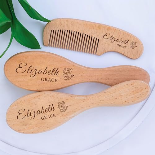 Personalized Baby Brush and Comb Set for Newborn Wooden Baby Brush Set Soft Baby Hair Brush Set Cradle Cap Brush Personalized Baby Gifts for Girls Boys Newborns Toddler (Design 3)