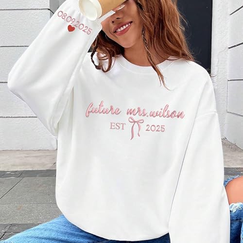 Custom Embroidered Mrs. Sweatshirts, Custom Anniversary Date On Sleeve, Embroidered Bride Sweatshirt, Honeymoon, Future Mrs Hoodie, Friend Wedding Egagement Gift, Bachelorette Party Gift3