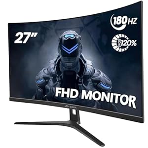 CRUA 27″ Curved Gaming Monitor, FHD 1920x1080P, 144Hz/180Hz Computer Monitor, 1800R VA Screen, 120% sRGB, AMD FreeSync, HDMI & DP, Wall Mount Install- Black