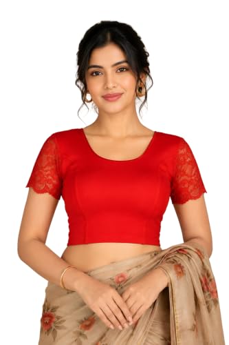 Image of Abhi Cotton Readymade Saree Blouse for Women- Half Net Sleeves, Round Neck, Regular-fit, Stretchable, Pull-on Style Blouse