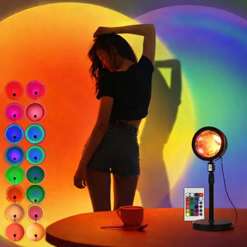 Image of One94Store RGB Sunset Projection Lamp - 16 Color Modes LED Night Light with Remote for Bedroom, Romantic Decor, Valentine Day Gift, Love Gift for Her, Couple Gift, Ambient Mood Lighting