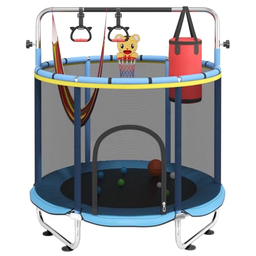 Wanmwill 60' Trampoline for Kids with Enclosure Net, 500lbs Capacity Toddler Trampolines Indoor & Outdoor, Kids Trampoline with 5ft Adjustable Gymnastic Bar, Gift for Boys & Girls, Blue