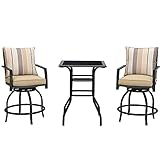 LOKATSE HOME Patio Bar Height Set with 2 Outdoor Swivel Chairs and 1 High Glass Top Table, 3 Piece...