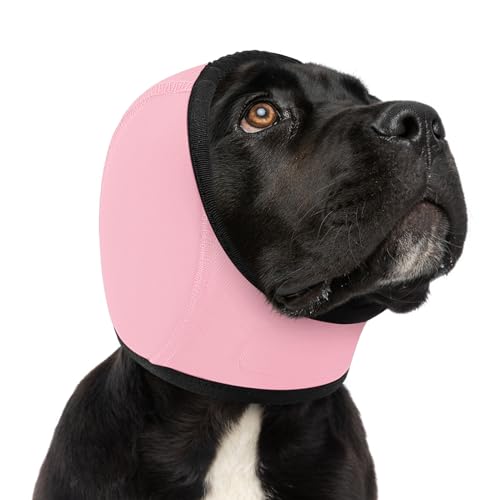 Image of Dog Calming Hoodie Dog Ear Wrap Noise Protection Ear Muffs for Dogs | Water Resistant Ear Cover Anxiety Relief, for Firework, Grooming, Thunderstorms, Swimming, Bathing, LightPink S