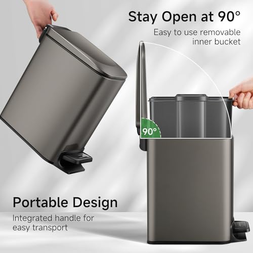 Image of TIPGO Small Bathroom Trash Can with Lid, 1.6 Gal, Soft Close, Black Gold | Foot Pedal, Soft Quiet Lid, 5.9'' Slim for Narrow Space, Stainless Steel, Anti-fingerprint, Removable Inner Bucket, Odor Seal