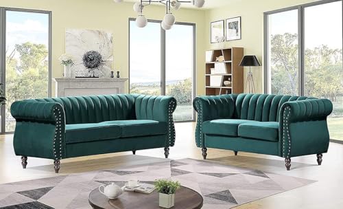 Image of Modern & Classic Chesterfield Sofa 5 Seater Sofa Velvet L-Shape Corner Sectional Button Tufted Sofa for Living Room, Dining Room, Office and Hallway-(Teal Green).