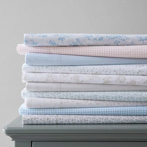 Image of Martha Stewart - Twin XL Size Sheet Set, Breathable Cotton Percale Bedding with Matching Pillowcase, Fully Elastic Fitted Sheet, Deep Pocket, Crisp & Cooling All-Season Comfort (Small Gingham Blue)