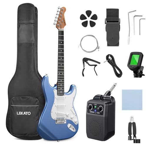 Image of LEKATO Beginner Electric Guitar Kit 39 Inch Full Size Solid Body Guitar SSS for Starter Roasted Maple Neck Stainless Steel Frets, 5w Plug-in Amp, Bag, Tuner, Capo, Strap, Picks, String, Cable - Blue