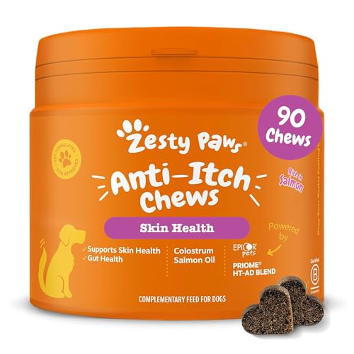 Zesty Paws Alivio para Pieles sensibles y con picazón | Hipoalergénico para alergias en Perros | contra picazón y lamidos excesivos | Rico en Salmón con Omega 3 | 90 Piezas