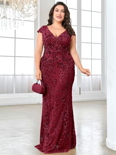 Image of Plus Size Womens Sequined Long Evening Gown Glamous Sleeveless V-Neck Mermaid Prom Dress for Wedding Party