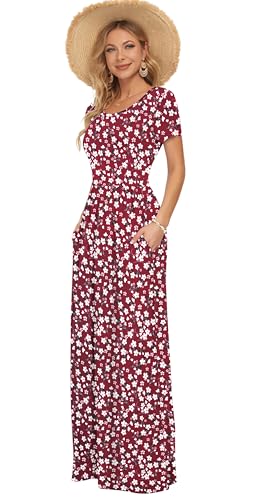 AUSELILY Damen Kurzarm Sommer Casual Long Maxi Kleider mit Taschen Rot geblümt 3XL 4