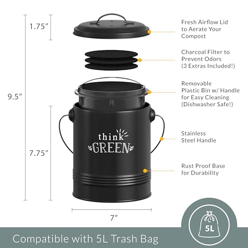 Image of Barnyard Designs Compost Bin for Kitchen Counter - 1.2 Gallon Countertop Composter with Extra Smell-Absorbing Filters and Inner Bucket for Easy Cleaning - Food Waste Bin for Kitchen with Lid (Black)