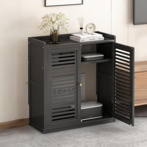 Gabinete de almacenamiento para enrutador WiFi independiente con estantes, gestión de cables ocultos para enrutador y regleta de alimentación, elegante solución de muebles para el hogar