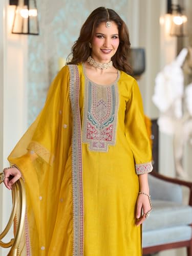 Image of INDO ERA Women's Silk Blend Ethnic Motifs Embroidered A-Line Kurta & Pant with Dupatta Set (IEOUT12371)