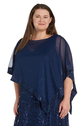 Image of R&M Richards Women's Knee-Length Glitter Sequin Lace Dress W /Sheer Asymmetric Poncho Overlay | Evening Cocktail Attire