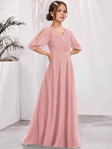 Junior Bridesmaid Dresses Sleeves V-Neck Girls Formal Dresses Long Chiffon Flower Girl Dress3
