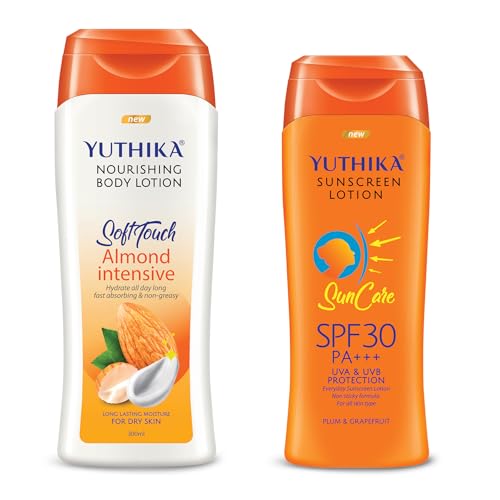 Image of Yuthika Almond Body Lotion 300ml with Sunscreen Lotion 100ml, Sunscreen SPF 30 PA+++ with UVA & UVB Protection, Nourishing Body Lotion for Women & Men