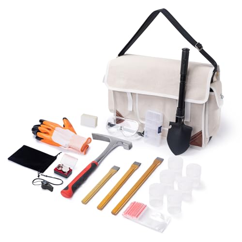 WISEPRO 20PCS Geology Rock Pick Hammer Kit, Includes Musette Bag, Geology Hammer, Digging Chisels, Shovel, Magnifying Glass, Whistle, Goggles, Gloves, Rock Mining & Prospecting Equipment Tool