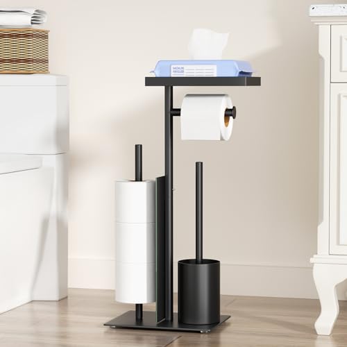 Portarrollos de papel higiénico de acero inoxidable de pie con escobilla de inodoro, soporte para papel higiénico con escobilla de inodoro, con caja para toallitas húmedas y escobilla de inodoro