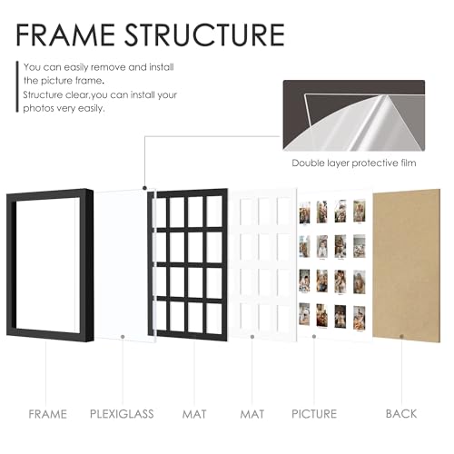 Image of DUENPY 11.4x16.1 Polaroid collage frame for Polaroid 2x3 Mini Instant Prints Photo with 16 Openings, Mini Picture Frames Wall Display with Polished Plexiglas Balck