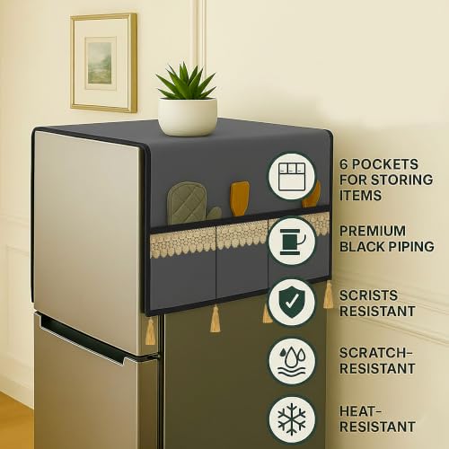 Image of Refrigerator Single Door Waterproof, Dustproof, Tassel Lace Refrigerator Top Cover, Protective Cover for Fridges with Extra Storage Space Nylon Top cover with 6 Storage Pockets ( Grey, 130 x 54 cm )