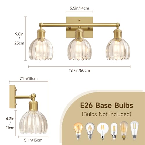 Image of Antique Brass Bathroom Light Fixtures Over Mirror,3-Light Bathroom Vanity Lights Over Mirror,Brass Wall Lights with Clear Glass Tulip Light Shade for Bedroom,Living Room,Hallway,E26 Base