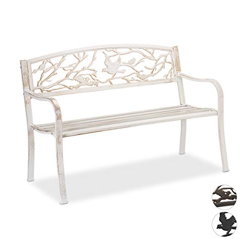 Relaxdays Banc, Motif Oiseau, 2 sièges, Vintage, Jardin et Balcon, Acier, HLP : 87 x 127 x 57cm, Blanc/Bronze, Fonte, 1 élément