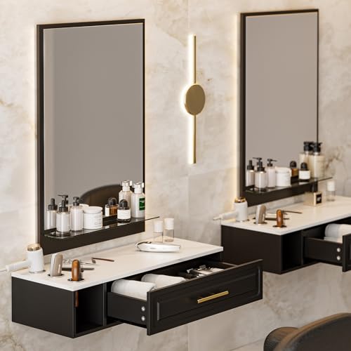 Wall Mount Salon Station with Mirror, Wall Mount Styling Station w/One Drawer, 3 Hair Dryer Holders &amp; Glass Shelf, Beauty Barber Spa Equipment for Hair Stylist(Black)