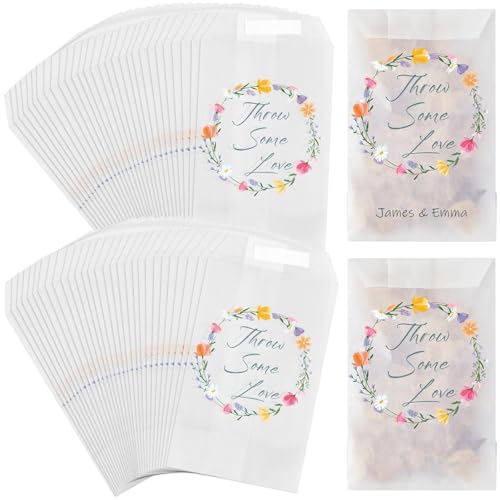 Clabby 50 Pcs Wedding Confetti Bags 105 x 70 mm Confetti Favor Hen Party Candy Bags Throw Some Love Paper Glassing Envelopes for Summer Wedding Baby Shower Bridal Shower(Flower Style)