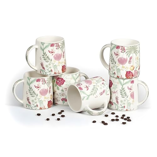 Image of Miah VintageBloom Ceramic Cup Set - Set of 6 | 10.16 cm x 6.85 cm x 8.89 cm | Handcrafted Coffee & Tea Mugs | Microwave & Dishwasher Safe | Timeless Classic Floral Design