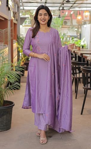 Image of Women Cotton Kurta Pant Set with Chanderi Cotton Dupatta | 3-Piece Straight Fit 3 /4 Sleeves Kurta with V-Neck | Ethnic, Festive & Casual Wear for Women| 3 Piece Set