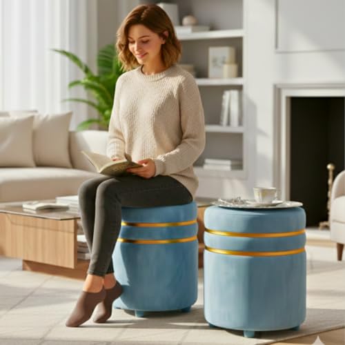 Image of Decorative Ottoman Pouffes for Sitting - Two-Piece Set of Puffy Stools and Footstools - Round Ottoman Stool for Living Room Furniture (Sky Blue)