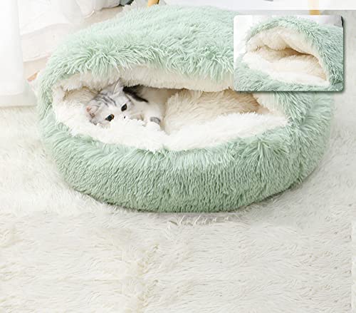 Fluffy Cat Cave Bed Tent Kitten Bed Faux Fur Pet Bed Plush Donut Round Burrowing Cave Hooded Cat Bed Washable Non Slip Self Warming Indoor Sleeping Bed,S-40Cm,Green #TOP27