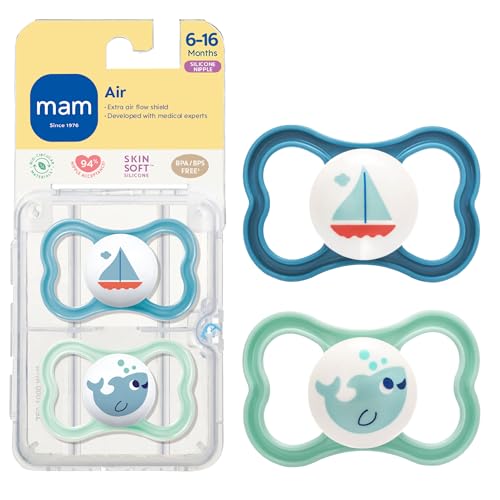 Image of MAM Air Pacifiers (2 Pack), MAM Sensitive Skin Pacifier 6+ Months, Best Pacifier for Breastfed Babies, Baby Boy Pacifiers, 6-16 (Pack of 2)