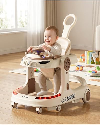 Baby Walker 5 in 1 Sit to Stand Foldable Adjustable Height Activity Center with Music Tray Push Handle Walk Behind Learning Walker for Infants Toddlers 715 Months
