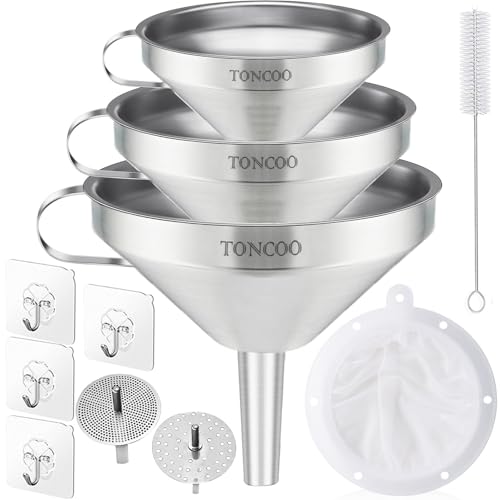 Toncoo 3 Pack Stainless Steel Funnels for Kitchen Use, Food Grade Cooking Funnel with 3 Strainer,