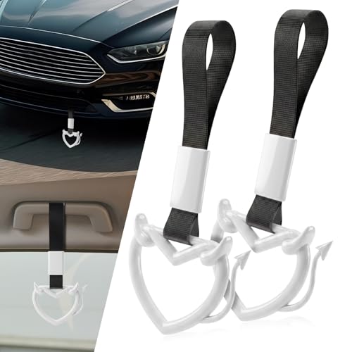 Image of 2 Pcs Devil Heart Shaped Car Handle Strap - JD M Drift Charm Rear Bumper Warning Ring Decor for Car Interior Exterior, Subway Bus Handle Accessory, Cute Heart Car Decor Gift (White-Tail)