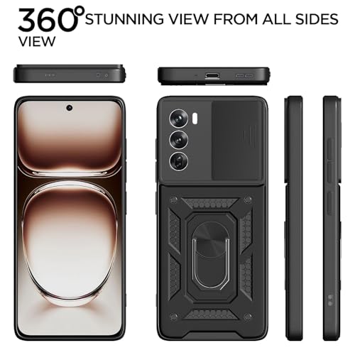 Image of Outlouders Back Cover for Oppo Reno 12 Pro 5G | D10 Tough Armor 360 Protection Case with Sliding Camera Shield & Ring Holder Stand Bumper Case (Black)