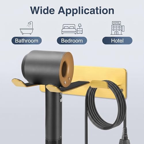 YOUGRIDDA Hair Dryer Holder Wall Mount, Universal No-Drill Stainless Steel Organizer with 3M Adhesive & Screws, Space Saving Blow Dryer Hanger for Bathroom Bedroom Salon RV (Gold) by YOUGRIDDA - Image 8