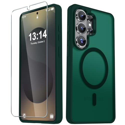 Image of YENAPOON for Samsung Galaxy S26 Ultra Case, Matte Magnetic Phone Cover [with 1 Screen Protector] [Support for MagSafe] [Shockproof Military Grade Protection] Translucent Frosted Back, Dark Green