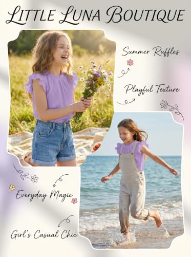 Image of Arshiner Girls Ruffle Short Sleeve Shirts Cute Summer Frill Neck Pleated Textured Blouse Tops