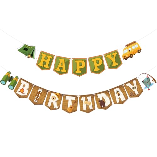 Image of Hooqict Happy Birthday Banner Camping Birthday Decorations Camping Party Banner Garland for Summer Camp Outdoor Hiking Forest Themed Party Decorations