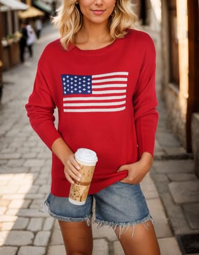 Image of Women's American Flag Sweater Long Sleeve Pullover Crew Neck Knit Tops