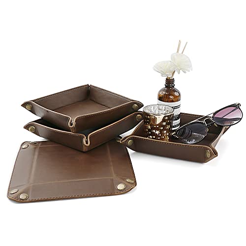 Ranslen 4 Pack Leather Valet Tray for Men Women, Thicken Desktop Catchall Tray Bedside Tray Jewelry Organizer for Key Wallet Coin Ring Box Travel PU Storage Tray, Home & Office Accessories (Brown)