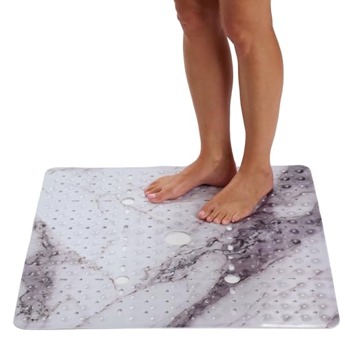 Image of ENKOSI Square Shower Mat 27x27 inch - Anti Slip Shower Stall Floor Mat - Non Slip Shower Mats with Strong Secure Suction Cups and Drain Holes in Middle (27x27 Marble Grey)