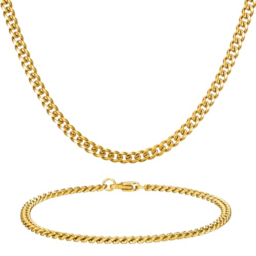 NORBU Stainless Steel Cuban Link Chain and Bracelet Set for Men, Chains 3.5mm/5mm/7mm Width, Bracelet 7 1/2" and 8" Length, No Tarnish & Durable Mens Jewelry