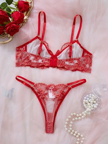 Image of Sexy Floral Embroidered Flower Mesh Underwire Push Up Lingerie Set