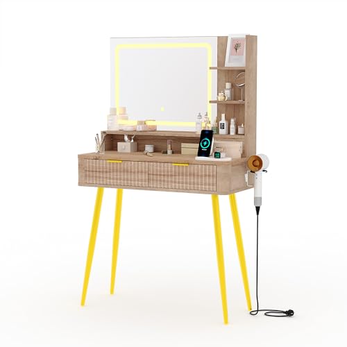 GarveeHome 31-inch Modern Makeup Vanity Desk with LED Mirror & 3-Color Lights, Fluted Design Dressing Table with Storage Cabinet, Drawers, Outlet & Hair Dryer Holder for Bedroom Oak
